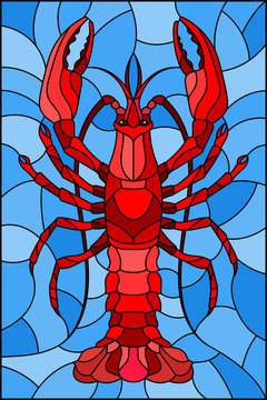 Illustration in stained glass stile with abstract red crayfish on a blue background 