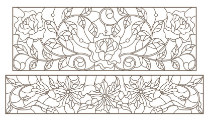 Fototapeta premium Set of contour stained glass illustrations with floral arrangements and roses, dark outlines on a white background, horizontal oriented