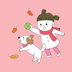 Cartoon cute Autumn girl and dog playing ball vector.