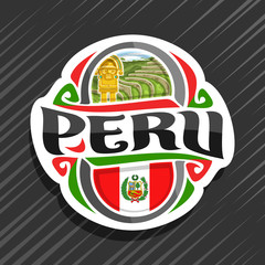 Vector logo for Peru country, fridge magnet with peruvian state flag, original brush typeface for word peru and national peruvian symbols - ancient incan city Machu Picchu and golden knife tumy.