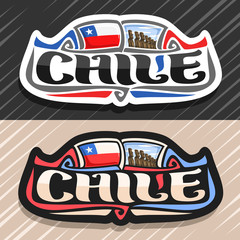 Vector logo for Chile country, fridge magnet with chilean state flag, original brush typeface for word chile and national chilean symbol - stone moai statues on Easter island on cloudy sky background.