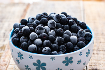 White bowl full with frozen aronia berries