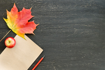 Autumn maple leaf, apple, paper for text and pencil