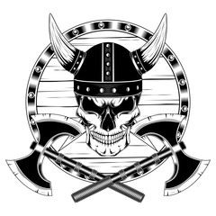 Skull in helmet with horns with shield and axes.