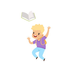 Smiling little boy jumping with book, elementary school student playing and learning vector Illustration on a white background