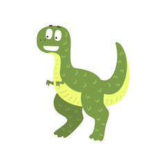 Fototapeta premium Cute cartoon green dinosaur, prehistoric dino character vector Illustration on a white background