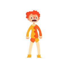 Angry red haired clown cartoon character, man in Halloween costume vector Illustration on a white background