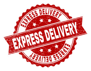 EXPRESS DELIVERY seal print with corroded style. Rubber seal imitation has round medal form and contains ribbon. Red vector rubber print of EXPRESS DELIVERY label with corroded texture.