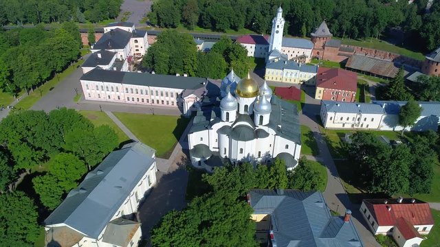 Flying over the cathedral Hagia Sophia on a Sunny June day. Veliky Novgorod, Russia 