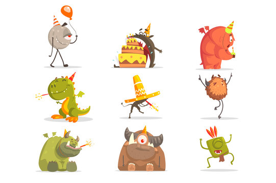 Monsters On Birthday Party In Funny Situations.