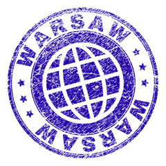 WARSAW stamp imprint with distress texture. Blue vector rubber seal imprint of WARSAW label with corroded texture. Seal has words placed by circle and planet symbol.