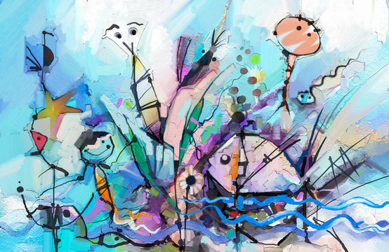Semi- abstract of chidren, tree, fish and bird. Hand painted, children painting surreal style for background