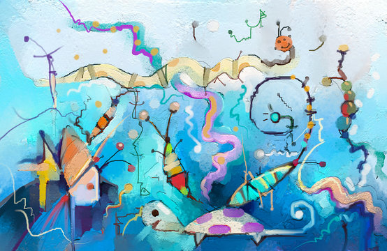 Abstract colorful fantasy underwater oil painting. Semi abstract of chidren, tree, fish and turtle. Spring,summer season nature background. Hand painted, children painting surreal style for background