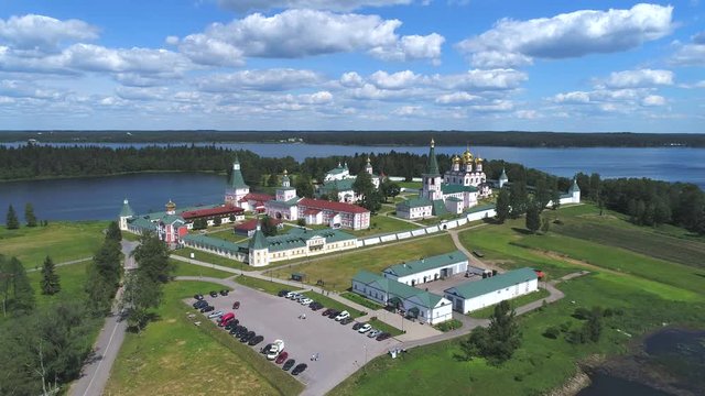 Valdaisky Iversky Bogoroditsky Svyatoozersky monastery. Sunny June day (aerial). Russia