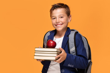 Little school boy with backpack and books. © neonshot