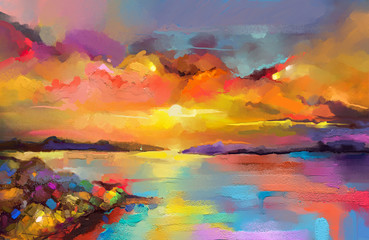 Buntes Ölgemälde auf Segeltuchbeschaffenheit. Impressionismusbild von Meerblickmalereien mit Sonnenlichthintergrund. Ölgemälde der modernen Kunst des Sonnenuntergangs über Meer und Strand. Abstrakte zeitgenössische Kunst