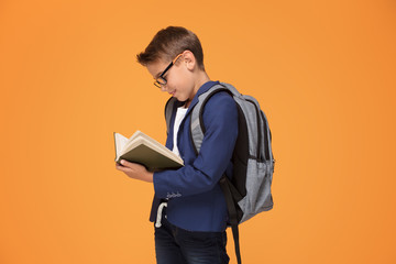 Little school boy with backpack and book.
