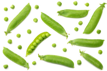 fresh green peas isolated on a white background. top view