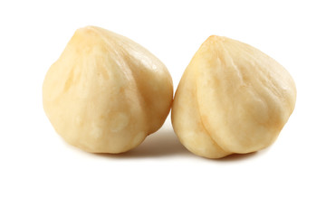 two hazelnuts isolated on a white background. macro