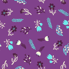 Hand Drawn pattern with summer flowers and herbs vintage Hohloma floral elements. Blue Yellow on white