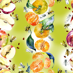 Garden, rustic, delicious apples. Ripe, southern, orange mandarins. Honey, wild bees. watercolor. Illustration