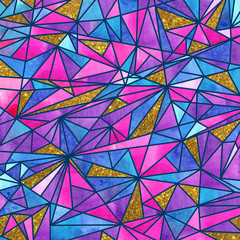 Polygon. Watercolor mosaic on tha golden background. Bright summer pattern with watercolor triangles.