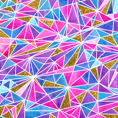 Polygon. Watercolor mosaic on tha golden background. Bright summer pattern with watercolor triangles.
