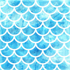 Mermaid scales. Watercolor fish scales. Bright summer pattern with reptilian scales. - 215047824