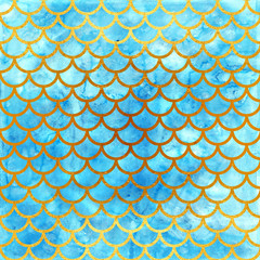 Mermaid scales. Watercolor fish scales. Bright summer pattern with reptilian scales. Gold background. © vavavka
