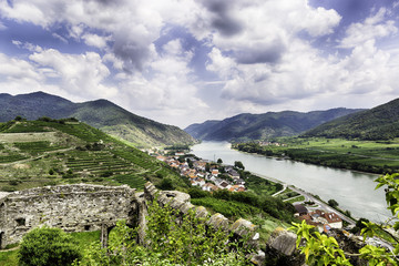 Spitz, Austria, View to Danube river from ruins of Hinterhaus castle.