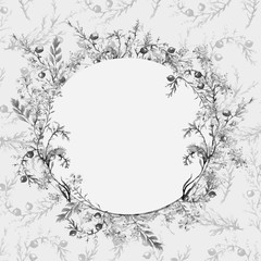 Watercolor, vintage frame, greeting, an invitation from a vegetative pattern, plant juniper with berries, pine needles, 
