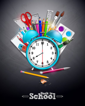 Back to school design with graphite pencil, pen and other school items on yellow background. Vector illustration with alarm clock, chalkboard and typography lettering for greeting card, banner, flyer