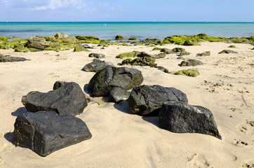 Tropical beach with volcanic rocks