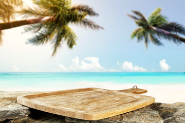 Table background and sea landscape with two palms 