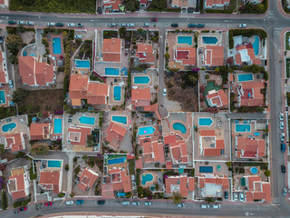 Drone Aerial Above Houses With Pools Spain Balearic Island Menorca