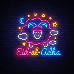 Eid-Al-Adha festive card design template in modern trend style. Neon style, Islamic and Arabic background for the holiday of the Muslim community. Kurban Bayrami Light banner. Vector illustration
