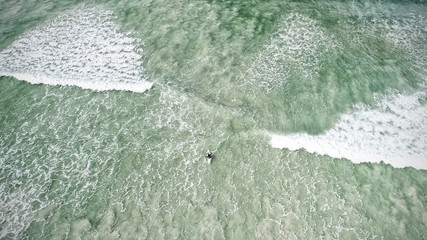 Blue ocean, Surfer on the wave, Areal view