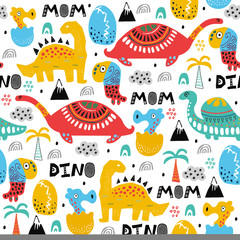 Pattern with dino,dinosaur with palms and eggs and newborn dino child. Kids drawing illustration, abstract background,textile,fabric or poster