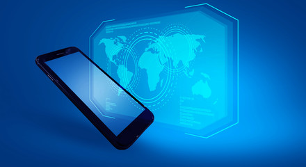 Mobile phone, on a blue neon background, additional reality in the form of a holographic display, world map