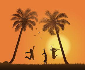Sunset background with jumping young girls silhouette