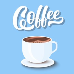 Coffee hand lettering, brush calligraphy with 3d shadow and cup on retro blue background. Vector illustration.