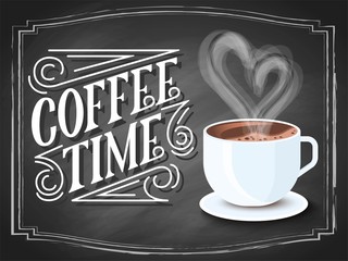 Coffee time vintage hand lettering on black chalkboard background with cup and heart. Vector cafe illustration.