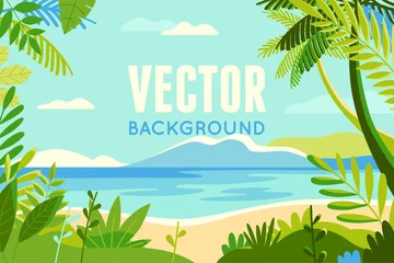 Fototapeten Vector illustration in trendy flat and linear style - background with copy space for text - plants, leaves, palm trees and sky - beach landscape © venimo