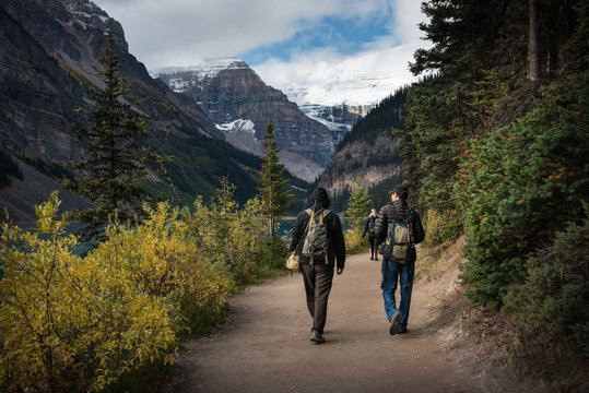 Hiking At Plain Of Six Glaciers Track From Lake Louise In Banff National Park