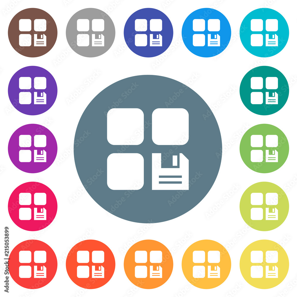 Poster save component flat white icons on round color backgrounds