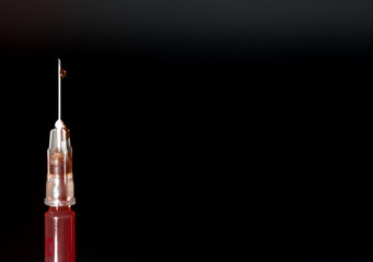Syringe, injection needle on black background