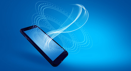 Mobile phone, on a blue neon background, radio waves, transmitter, background bokeh, extra reality