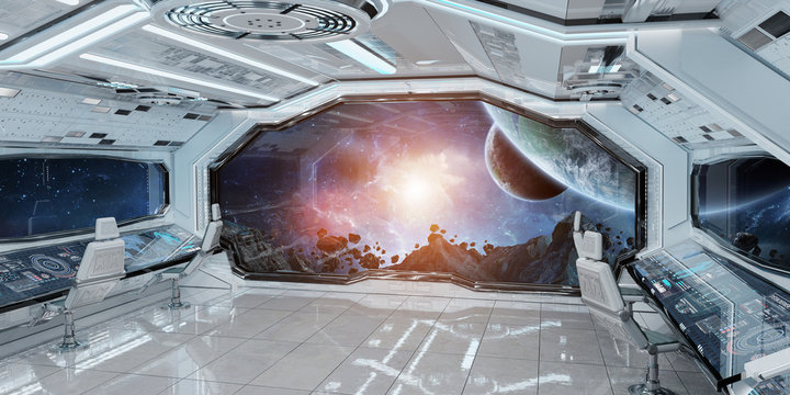 White clean spaceship interior with view on planet Earth 3D rendering