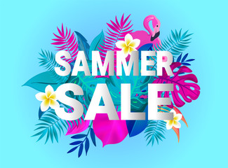 SUMMER SALE card typography design. Retro tropical letters with frangipani flowers, palm leaves and flamingo bird.