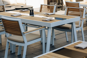 interior on the summer terrace in a beautiful restaurant.